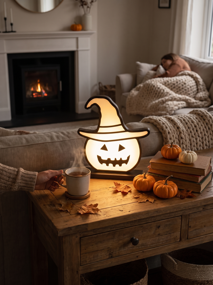 Bramwell pumpkin light with warm yellow face and blue green witch hat