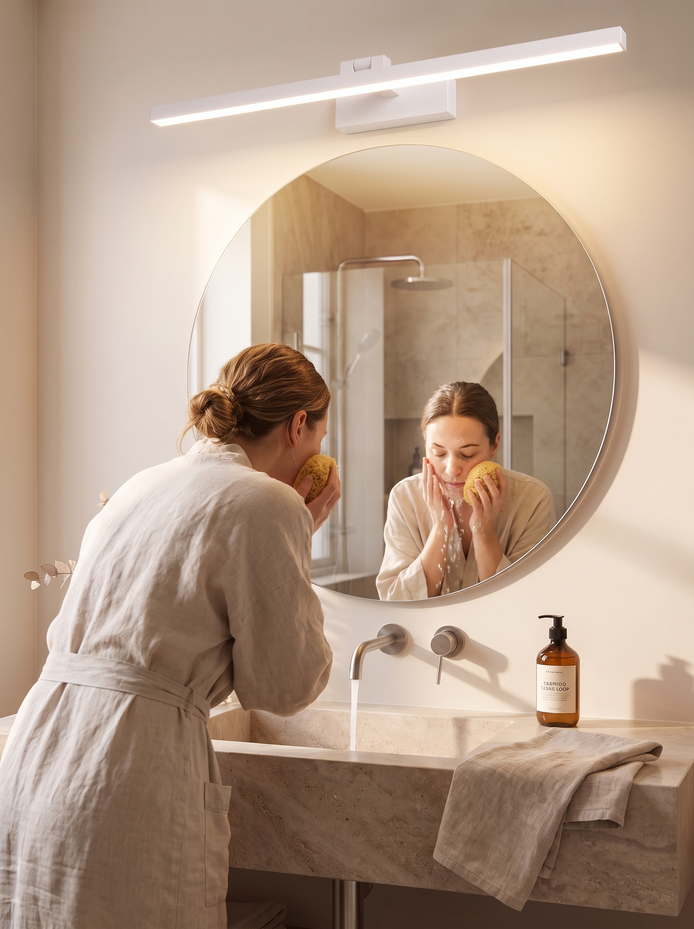 Wrenbury bath bar vanity light angled forward over a bathroom mirror