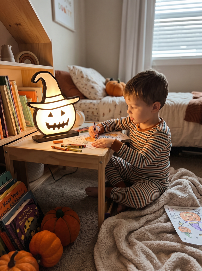 Bramwell pumpkin light showing its face from both sides on a table