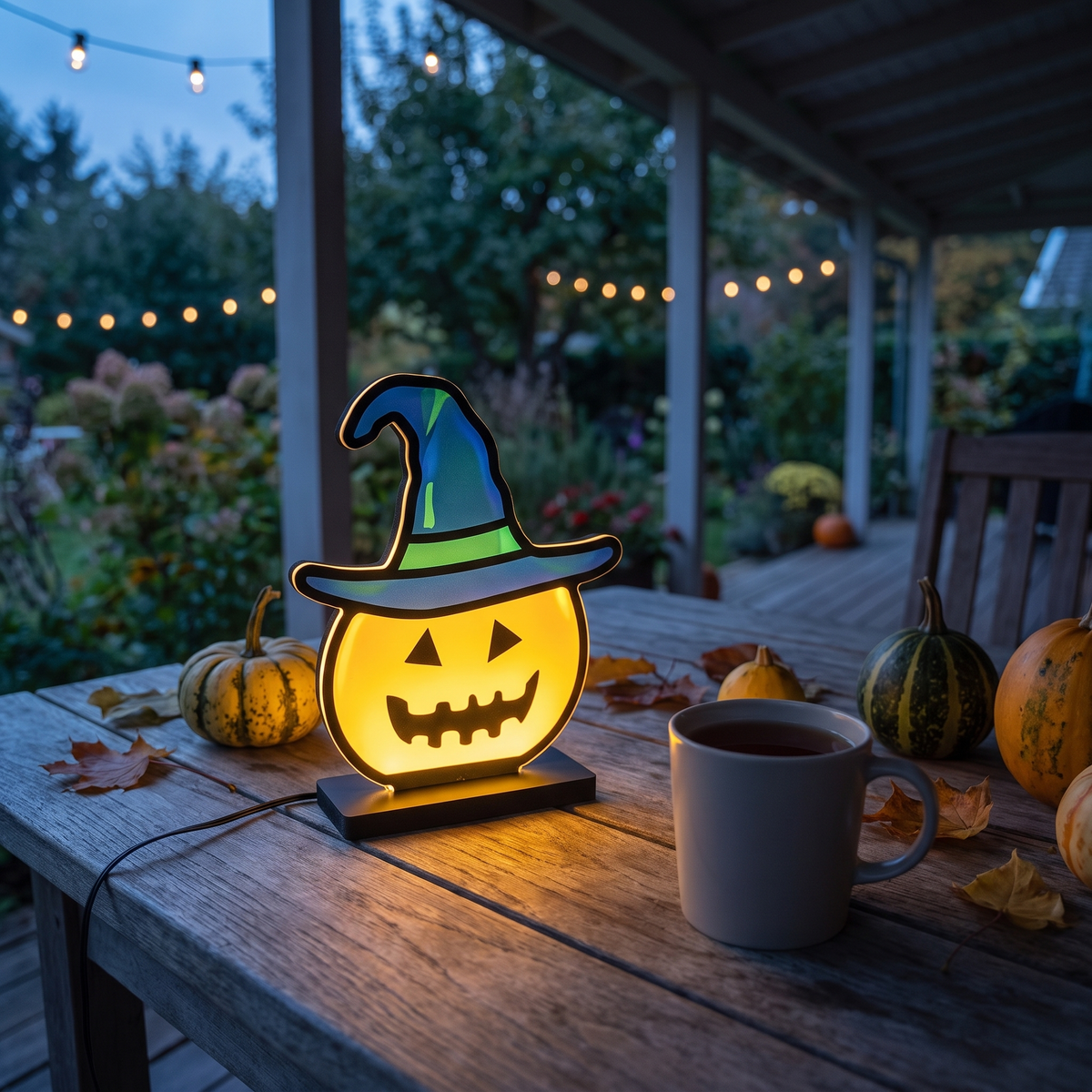 Bramwell Halloween Pumpkin Light Witch Hat LED Lamp on a covered porch table at dusk
