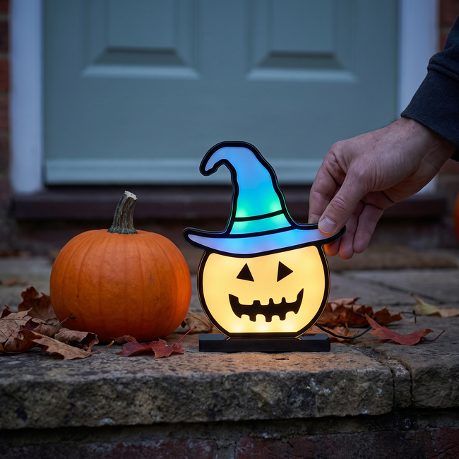 Bramwell Halloween Pumpkin Light Witch Hat LED Lamp on a stone doorstep beside a small pumpkin