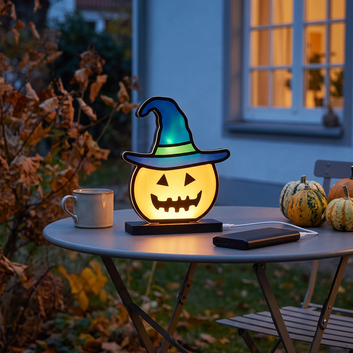 Bramwell pumpkin lamp outdoors on a patio table running from a power bank