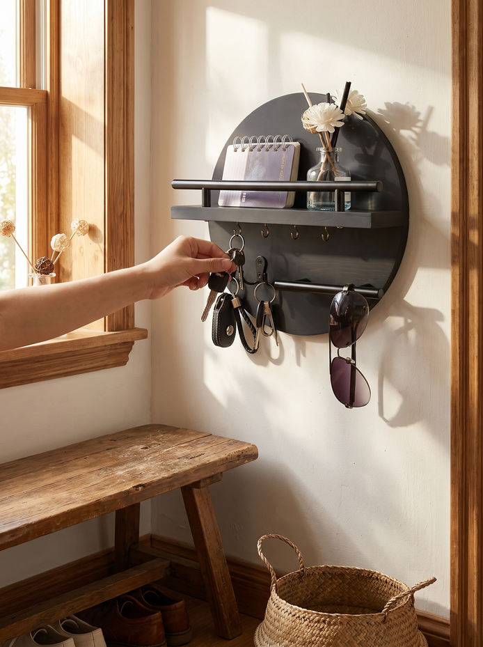 Keswick round wooden key holder with shelf Up In Minutes