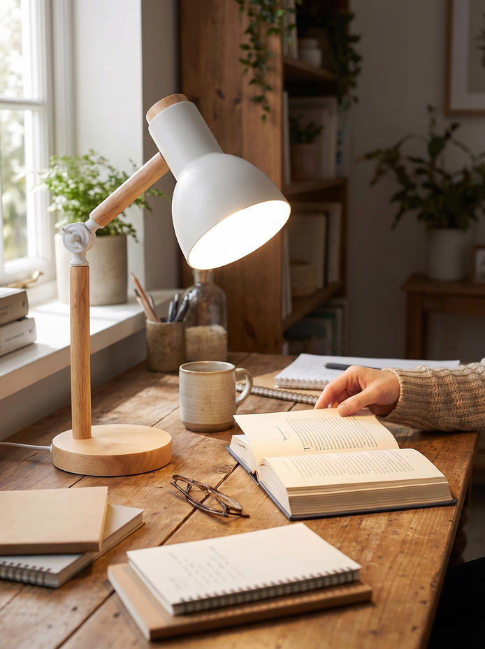 Elmsley wooden desk lamp Warm Wood, Bright Shade