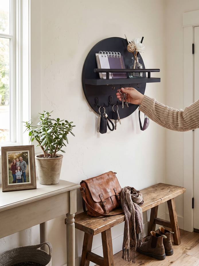 Keswick round wooden key holder with shelf A Shelf For The Little Things