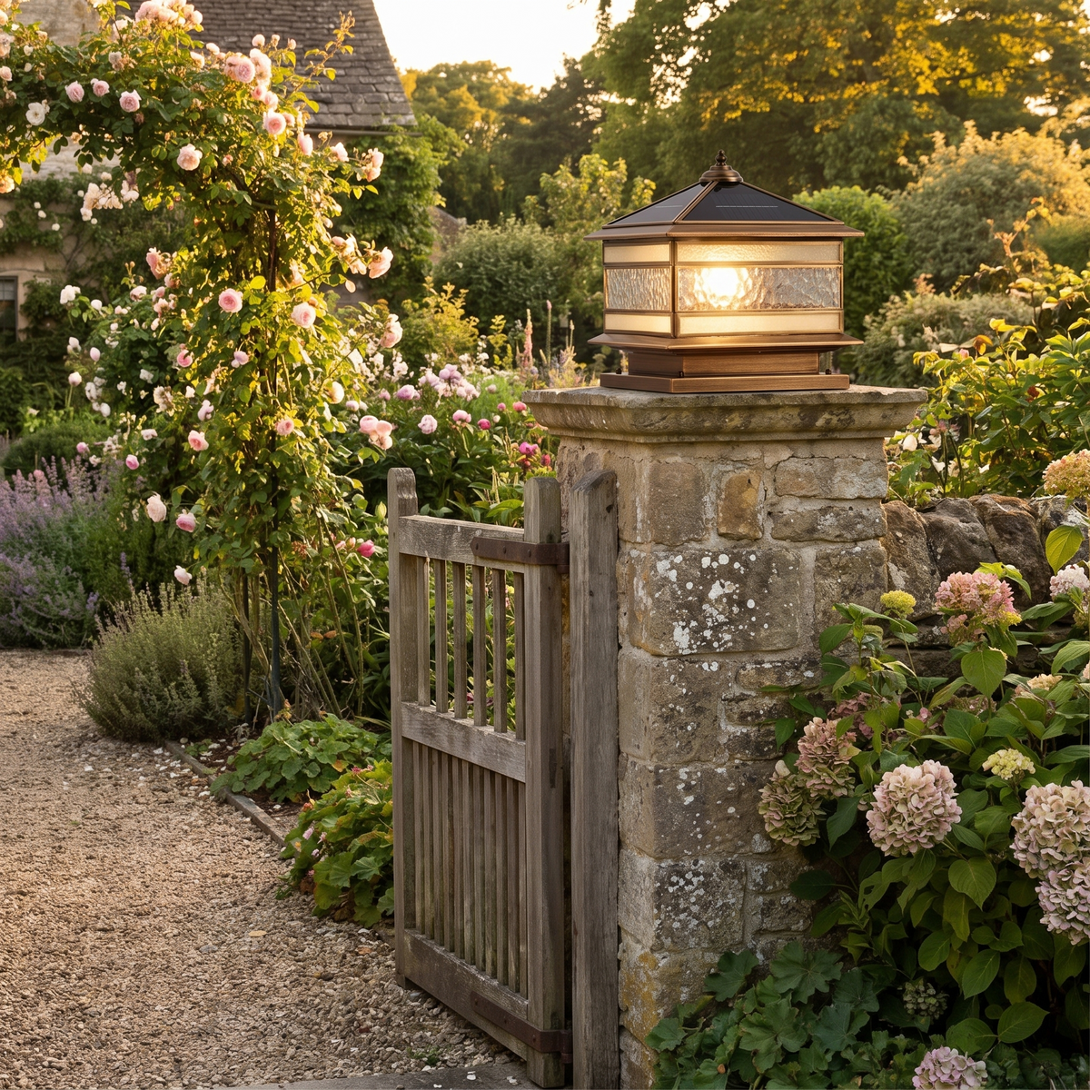 Stone Pillar Solar Lights Retro Copper Waterproof Fence Post Light