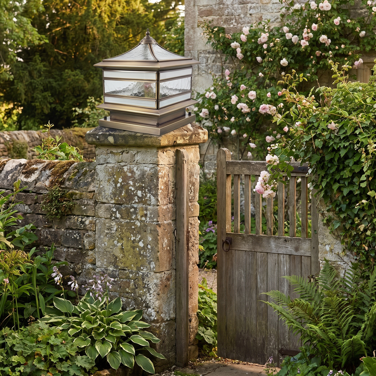 Stone Pillar Solar Lights Retro Copper Waterproof Fence Post Light