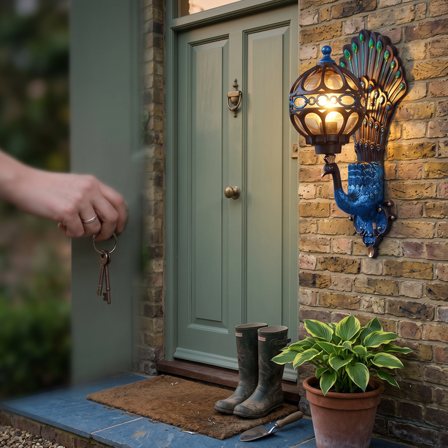 Helmsley Peacock Outdoor Wall Light Hand Painted IP55