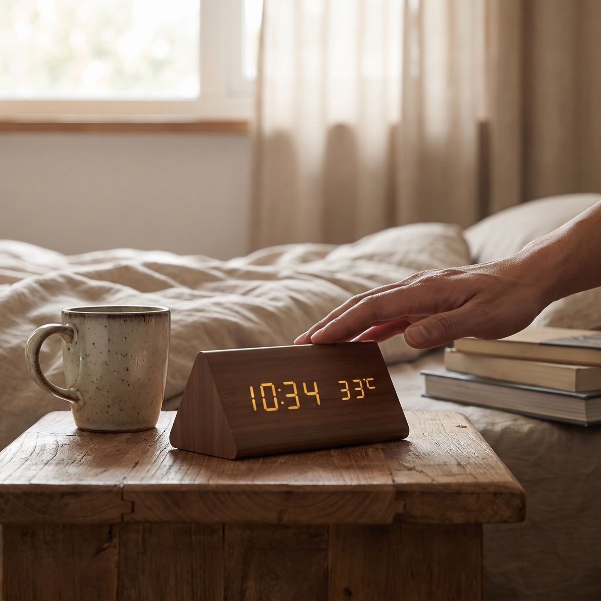 Rufford LED Alarm Clock Wood Effect Voice Activated