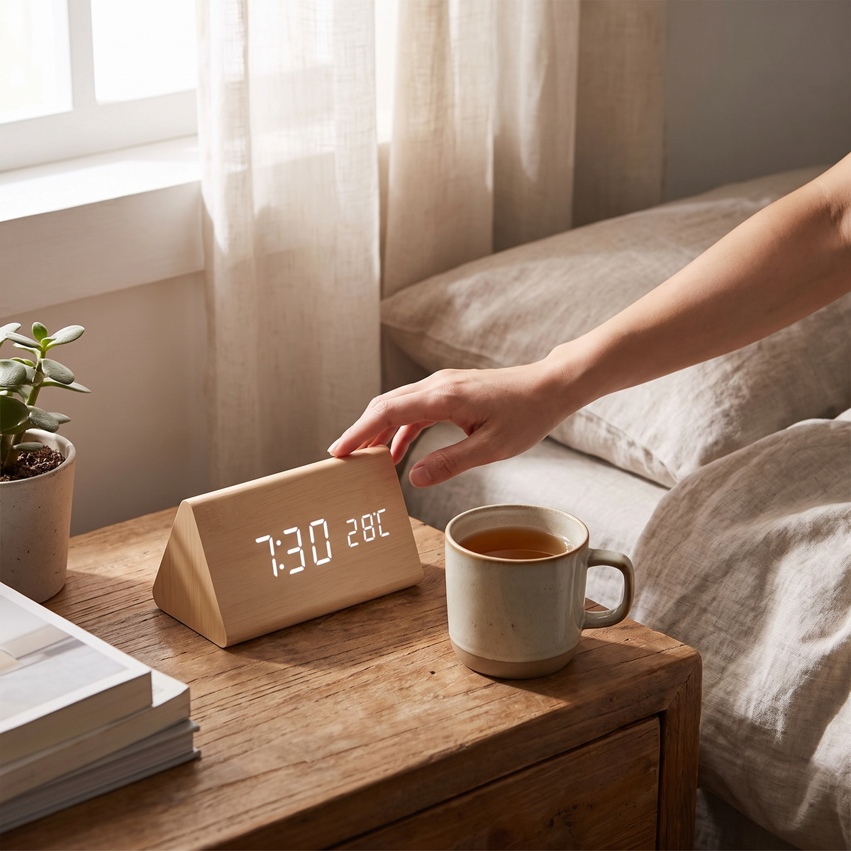 Rufford LED Alarm Clock Wood Effect Voice Activated