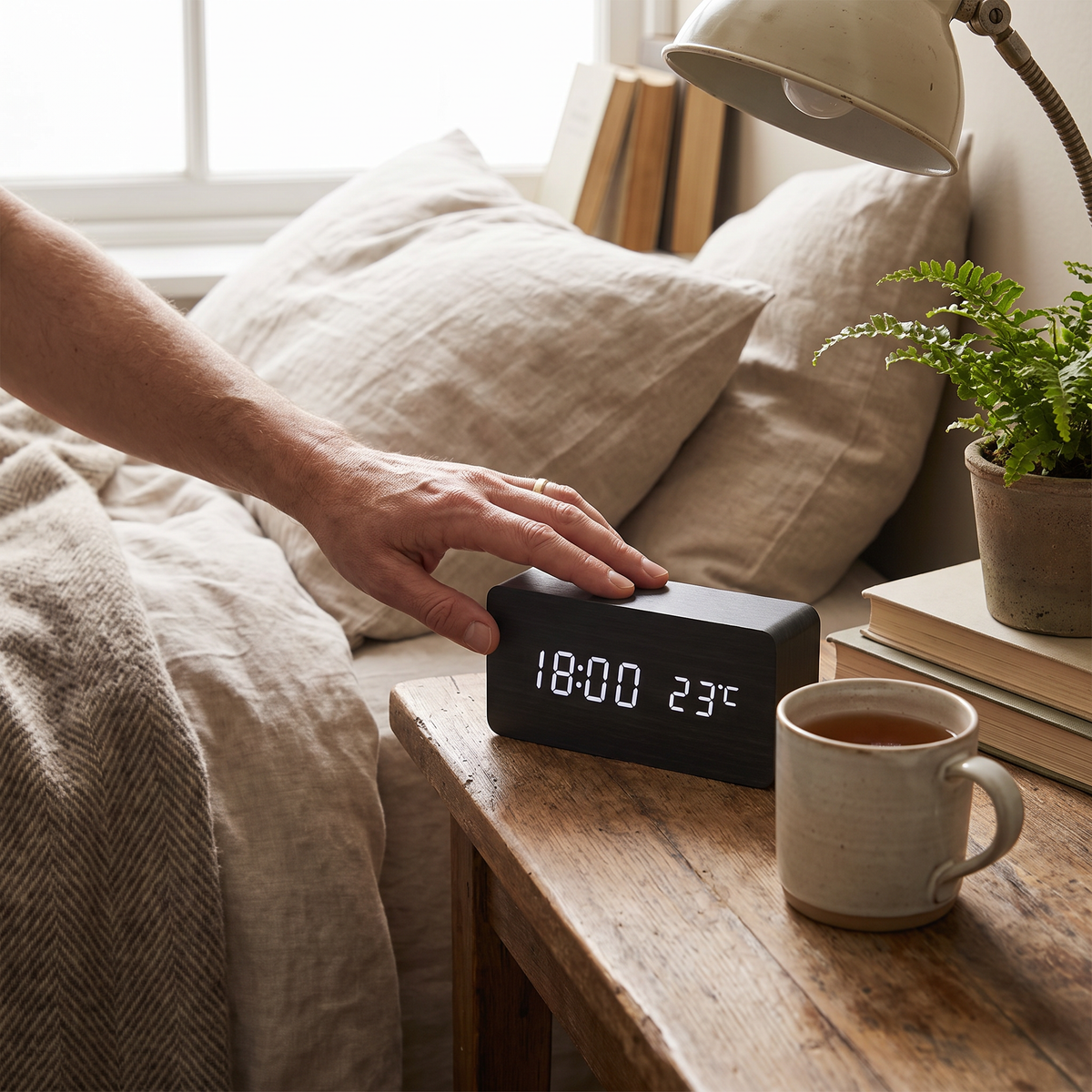Rufford LED Alarm Clock Wood Effect Voice Activated