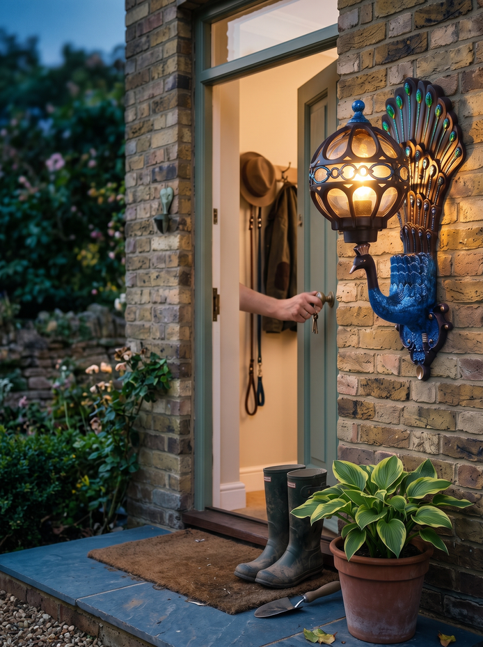 Helmsley peacock outdoor wall light, Welcoming After Dark