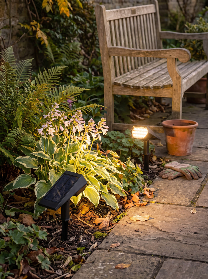 Beverley solar spike spotlights, Warm White Or Party Colour