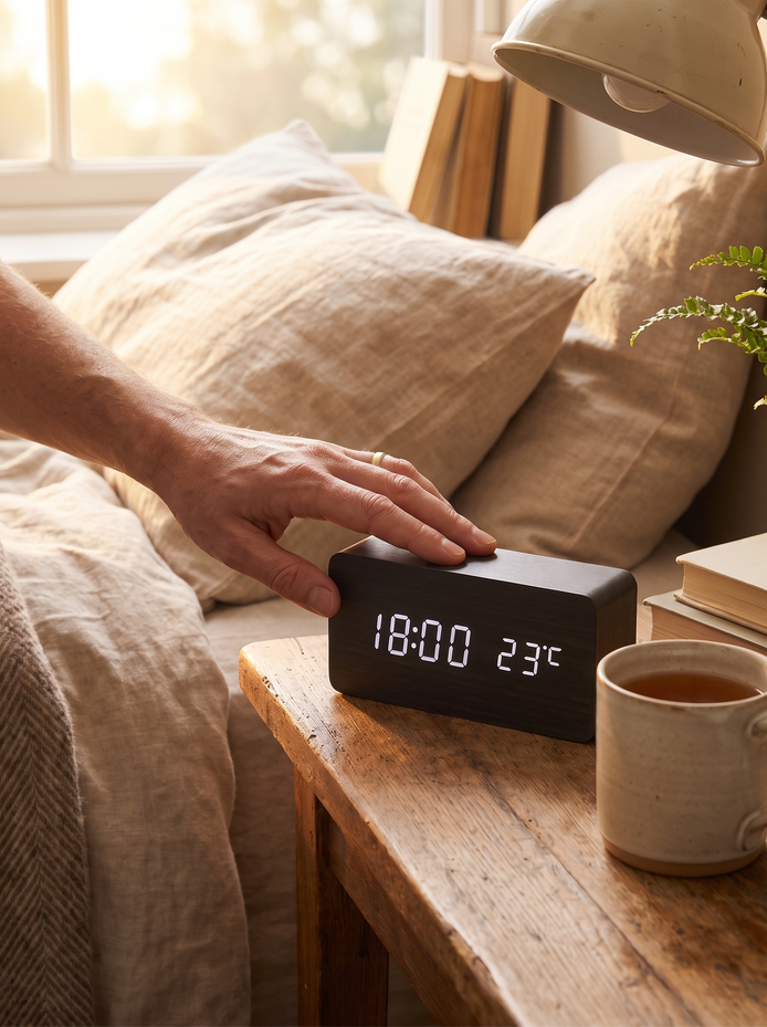 Rufford LED alarm clock, Warm Wood, Crisp Digits