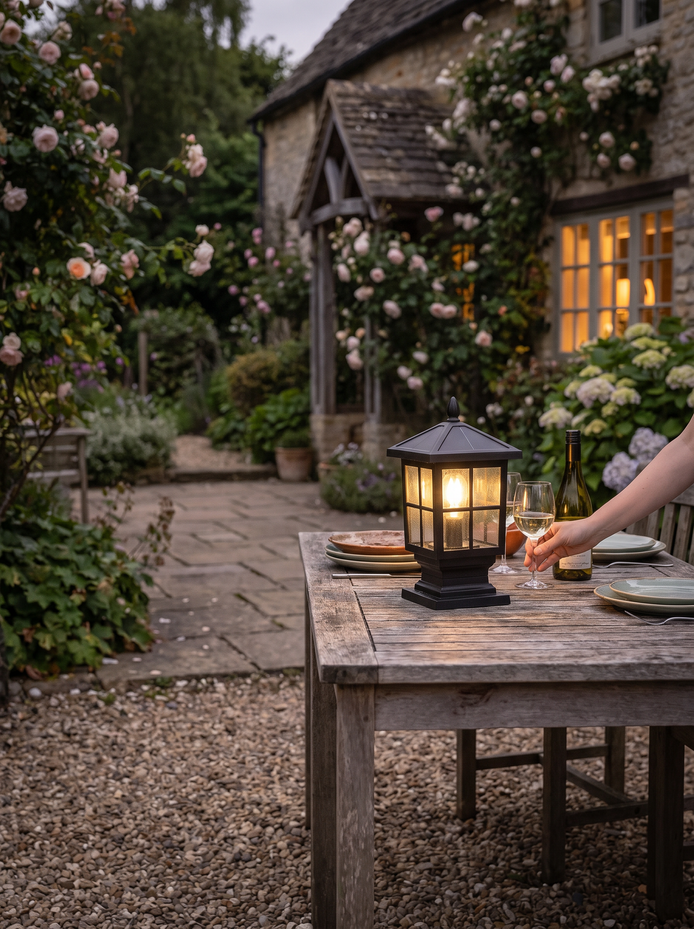 Thirsk black pillar lantern, Wire Free Or Mains Powered