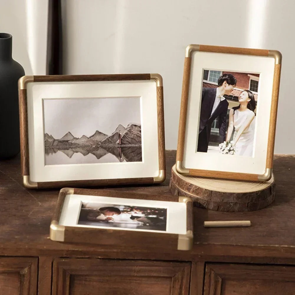 Brooks Wooden Tabletop Photo Frame Brass Corners Vintage