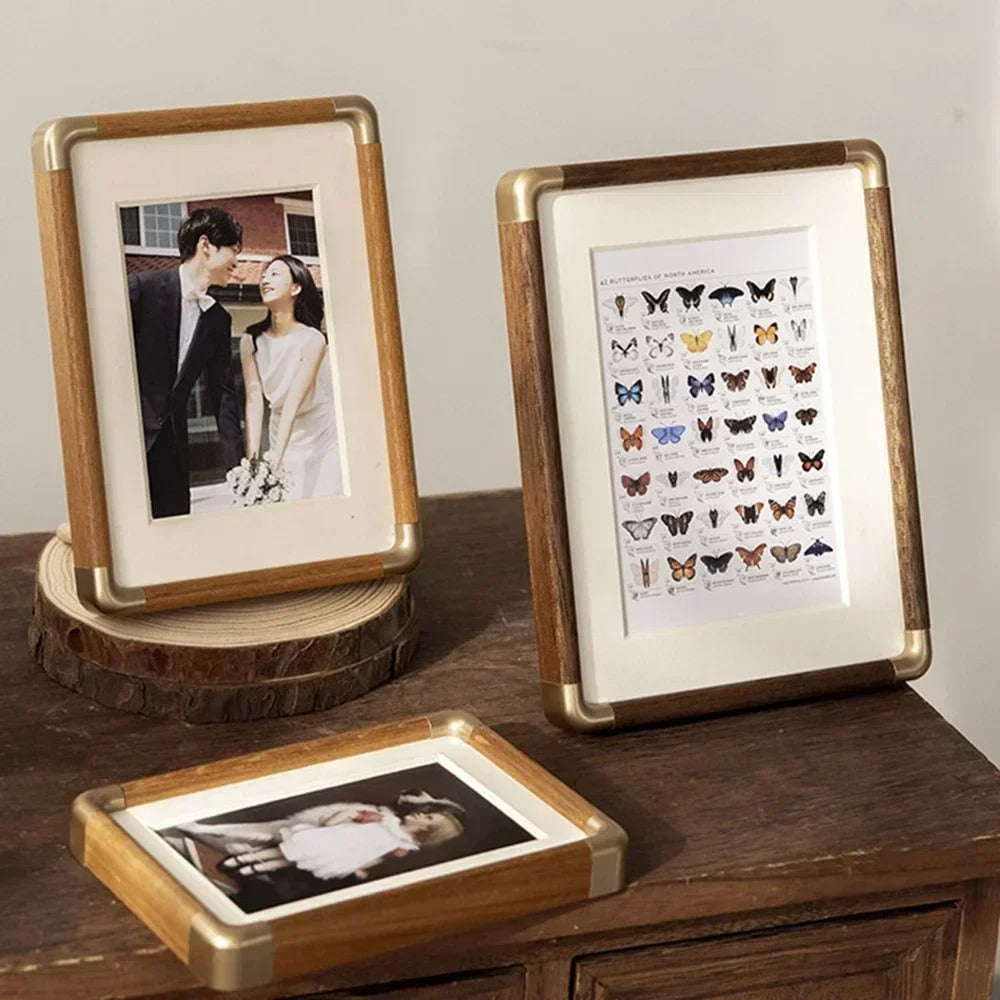 Brooks Wooden Tabletop Photo Frame Brass Corners Vintage
