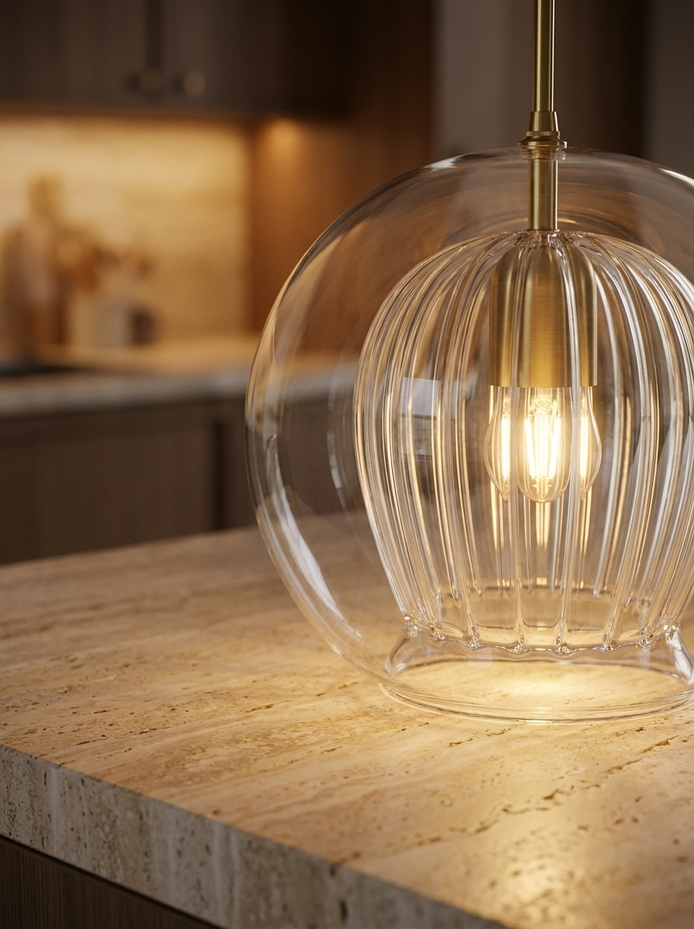 Marlowe pendant glowing above a stone counter