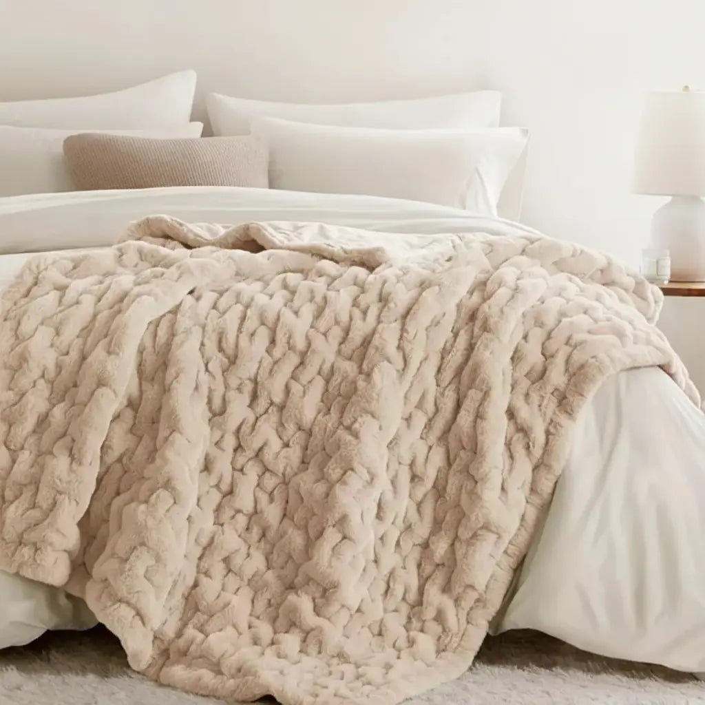 Kingsand Ruched Faux Fur Throw Blanket Double Sided