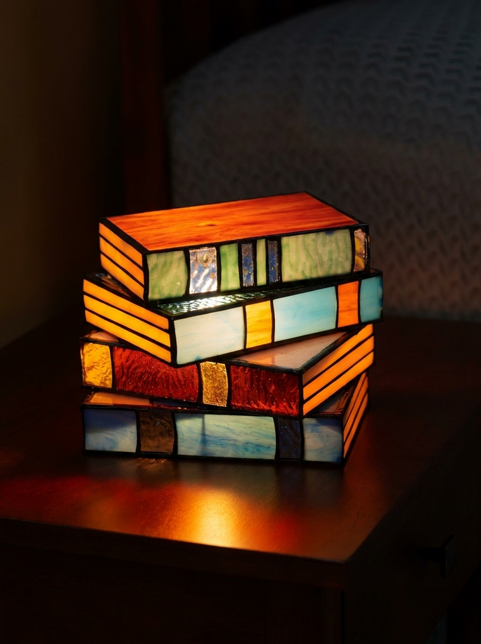 Novella lamp glowing on walnut at night