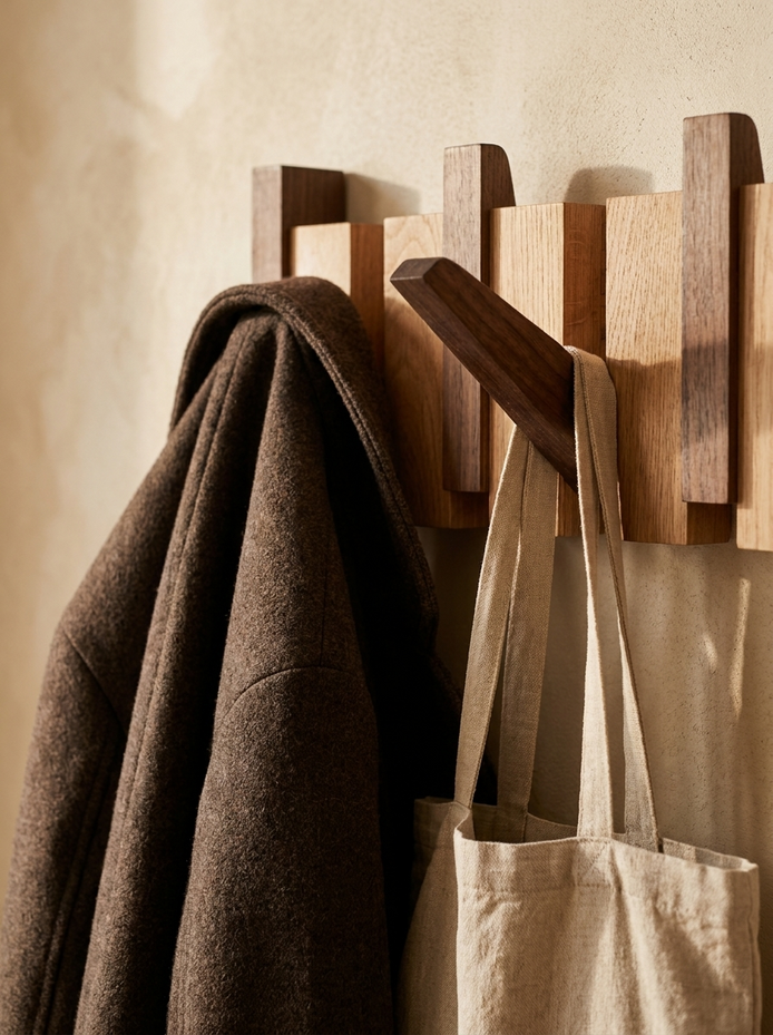 Close detail of two hooks with a coat hanging